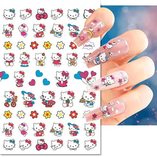 Vista 5 de Calcomanías de uñas bonitas, 8 hojas de calcomanías de uñas de dibujos animados kawaii 3D, autoadhesivas, diseño de gato, dijes de uñas acrílicas