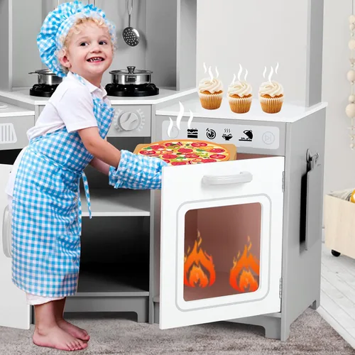 Vista 6 de JOYLDIAS Cocina de juego para niños, esquina de madera con luces y sonidos realistas, horno microondas, dispensador de agua, teléfono, fregadero