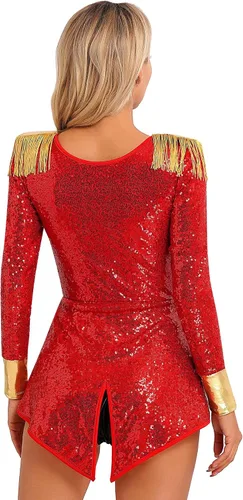 Vista 4 de FEESHOW Women's Circus Ringmaster Costume Halloween Cosplay Tassel Leotard Bodysuit for Party Stage Shows