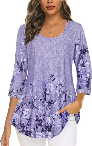 Vista 5 de Tencole Camisas de manga 3/4 para mujer Blusas tipo túnica elegantes Ropa casual con floral Aguamarina Beige