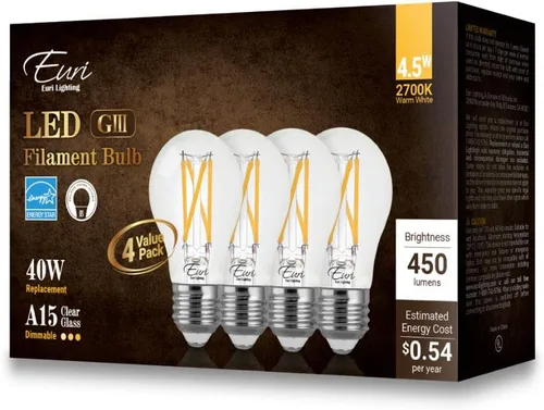 Vista 7 de Euri Lighting VA15-3020e-4 LED regulable A15, 4.5 W (50 W igual) blanco cálido (2700 K), 450 lm, 80CRI, vidrio transparente, ángulo de haz de 320°