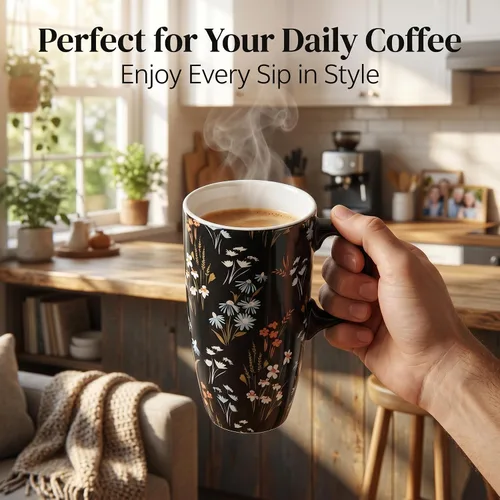 Vista 4 de Taza de café de cerámica de 17 onzas con tapa y asa, taza de viaje floral púrpura, apta para microondas y lavavajillas, taza de café grande con caja