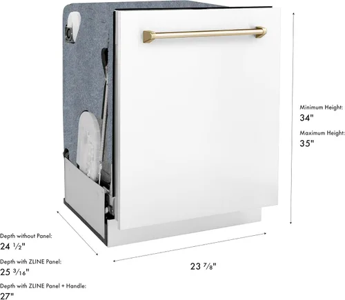 Vista 3 de ZLINE Autograph Edition - Lavavajillas de bañera alta con control táctil de 24 pulgadas, color blanco mate con mango dorado, 51dBa (DWMTZ-WM-24-G)