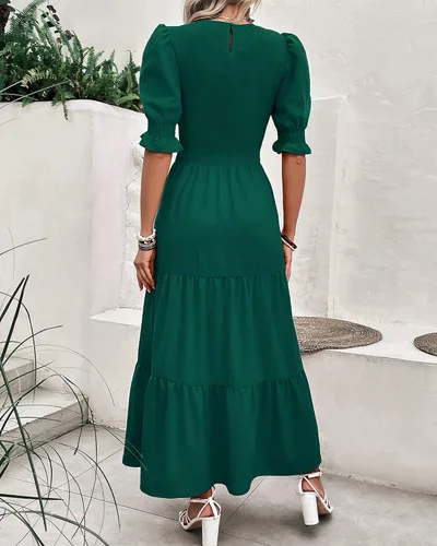 Vista 157 de BTFBM Vestidos para mujer, cuello redondo, casual, de verano, con volantes, manga corta, bohemio, con niveles, fruncido, largo, con estampado floral