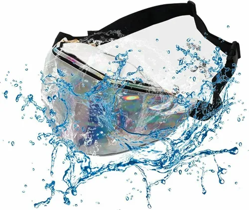 Vista 4 de Elegante mujer iridiscente holograma riñonera brillante metálico cintura bolsa punk chica para festival rave senderismo correr ciclismo, plateado