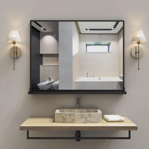 Vista 12 de ANYHI Espejos de baño para pared, espejo de pared de metal con estante, perfecto para sala de estar, dormitorio, entrada, rectangular, vertical Negro