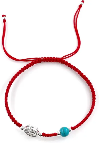 Vista 3 de St Benedict medal and Turquoise Bead on Adjustable Red Wove Bracelet with Macrame knot for women (Red)