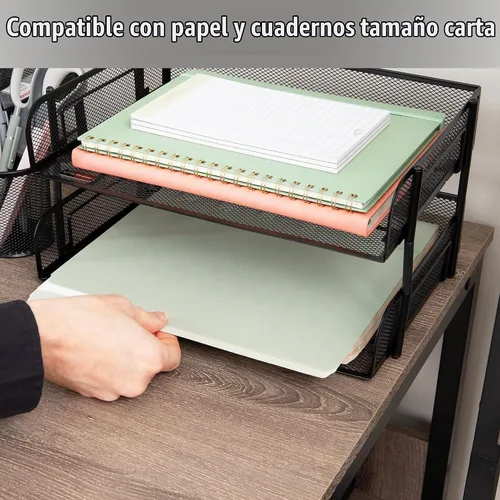 Vista 6 de Mind Reader Bandeja de papel apilable de 2 niveles, organizador de escritorio para documentos de tamaño carta, almacenamiento de archivos de Negro