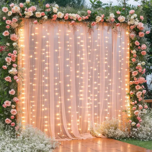 Vista 19 de Cortina de telón de fondo de tul negro de 10 x 10 pies con cadena de luces para fiestas, cortinas de fondo de fotos transparentes para bodas