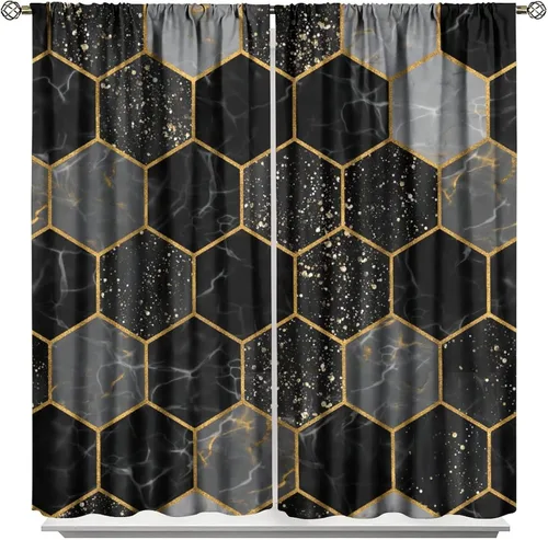 Vista 36 de Cortinas Negras con Dobladillo Dorado, Cortinas Opacas con Bolsillo para Barra con Estampado de Rayas de Foil en Onda Dorada para Decoración de Negro
