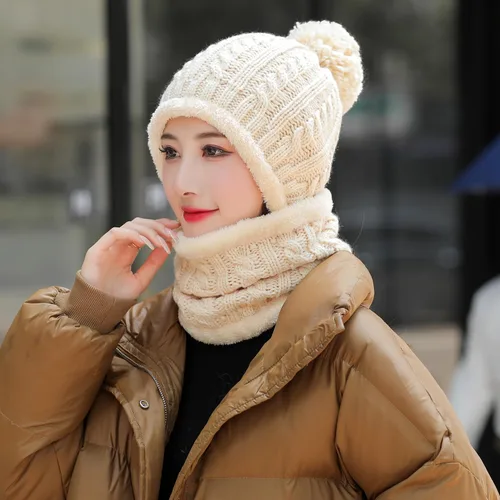 Vista 5 de Gorro de Invierno para Mujer de Una Pieza con Forro Polar Pasamontañas de Punto Conjunto con Bufanda Circular para Cuello Gorro de Esquí para Nieve