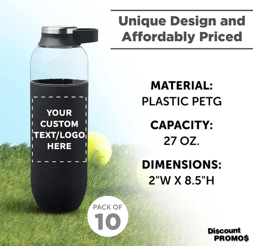 Vista 4 de DISCOUNT PROMOS Custom Strike - Botellas de agua de plástico con asa de transporte de 27 onzas, juego de 10, paquete personalizado a granel