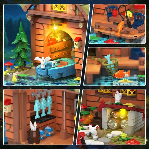 Vista 3 de INSOON Set de Construcción Mini de Cabaña sobre el Agua con Luz, 2423 PIEZAS, Juego de Bloques de Madera de Casa en el Bosque con Barco, Bicicleta