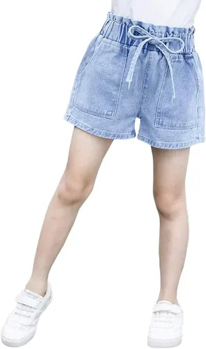 Vista 2 de Pantalones cortos de mezclilla elásticos de cintura alta con cordón para niña