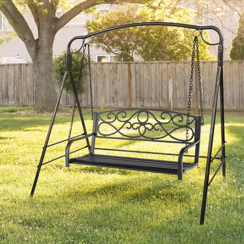 Vista 2 de Giantex Columpios de metal para porche, banco de jardín colgante para 2 personas al aire libre con cadenas resistentes, asiento ancho y reposabrazos