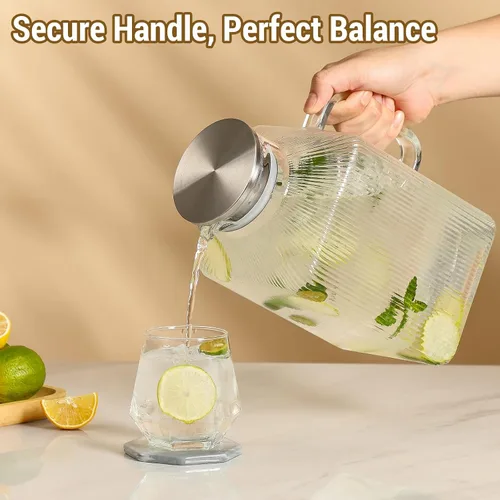 Vista 5 de Jarra de vidrio cuadrado grueso de 1 galón con tapa, jarras de agua clásicas a rayas para refrigerador, jarra de vidrio de borosilicato para bebidas