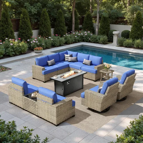 Vista 62 de HOOOWOOO Juego de muebles seccionales de patio con mesa de luz solar, 6 piezas de mimbre para exteriores, sofá en forma de L, juego de conversación