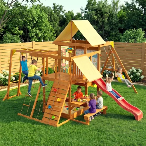 Vista 7 de Juego de columpio y tobogán para niños pequeños de 86 x 78 pulgadas, juegos de madera 6 en 1 para patios traseros con columpio de bebé, tobogán