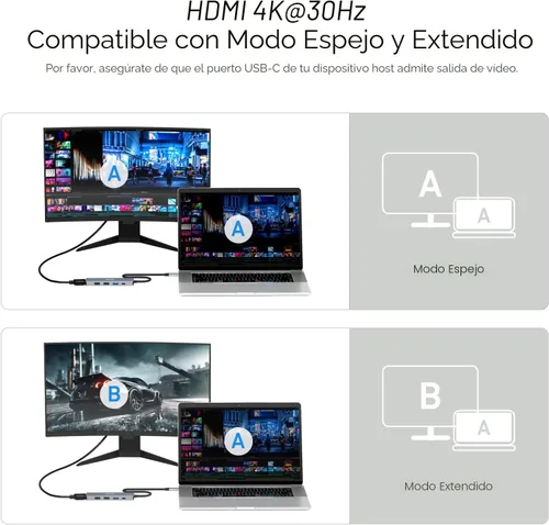 Vista 4 de BENFEI Hub USB C 5 en 1 con HDMI 4K (certificado), entrega de energía de 100W, 3 USB-A, cable de silicona, carcasa de aluminio compatible