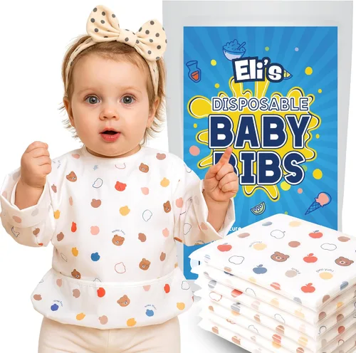 Vista 8 de Eli with Love Disposable Bibs Individually Wrapped Bib with Crumb Catcher - Waterproof Baby Bibs For Feeding