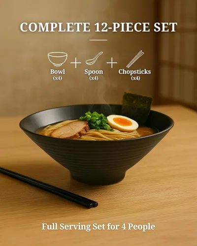 Vista 2 de APEX S.K. 4 juegos (12 piezas) de 57 onzas grandes de fideos japoneses para sopa de fideos de ramen japonés de melamina con cuchara a juego