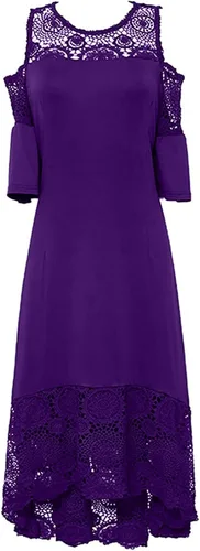 Vista 5 de Vestido largo de verano para mujer, con hombros descubiertos, costuras de encaje, con volantes, manga corta, talla grande, maxi vestidos largos