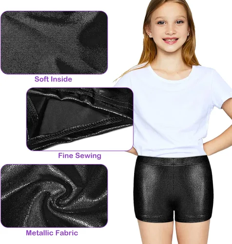 Vista 6 de SATINIOR 3 piezas de pantalones cortos de gimnasia para niñas con purpurina, pantalones cortos de ballet metálicos de elastano para niños y niñas