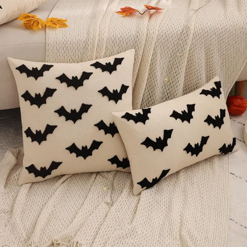 Vista 9 de Juego de 2 fundas de almohada de Halloween de 16 x 16 pulgadas con bordado de murciélagos 3D negros, fundas de almohada de Acción de Gracias, fundas