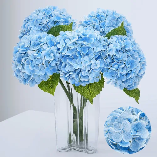 Vista 23 de Flores artificiales de hortensias de tacto real, 2 flores azules y 2 blancas de tacto real, flores de hortensias sintéticas de 21 pulgadas, flores