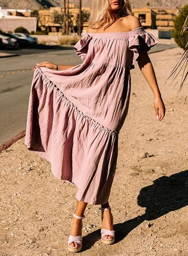 Vista 5 de Dokotoo Vestido de mujer 2023 Primavera Verano Cuello Cuadrado Estilo Hombro Descubierto Elegante Volantes Dobladillo Falda Mini Vestidos S-XL