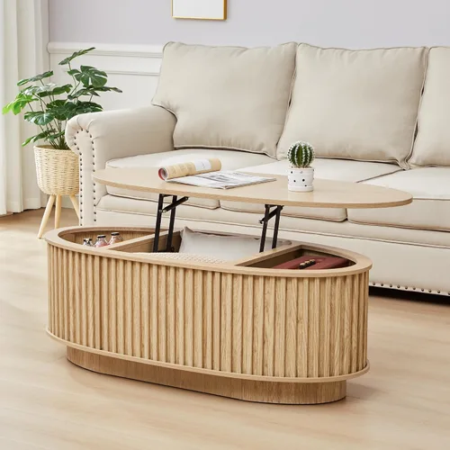 Vista 14 de Mesa auxiliar ovalada para sala de estar, mesas de centro de granja de 43.3 pulgadas con almacenamiento, mesa central de madera de 2 niveles