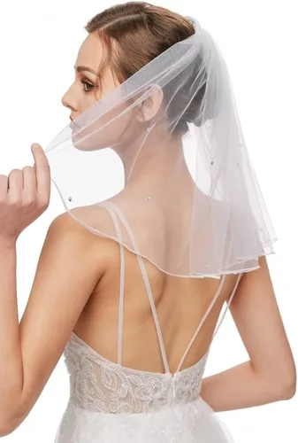 Vista 2 de Velo de novia para mujer, velo corto con tul de diamantes de imitación para despedida de soltera 38cm/15" Blanco