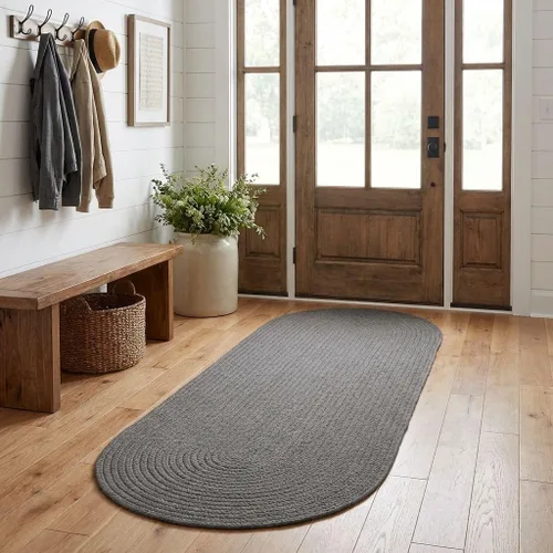 Vista 29 de Super Area Rugs Alfombra trenzada gris pequeña para puerta – Tejido lavable para fregadero de cocina, tapete gris sólido, ovalado, 20 x 30 pulgadas