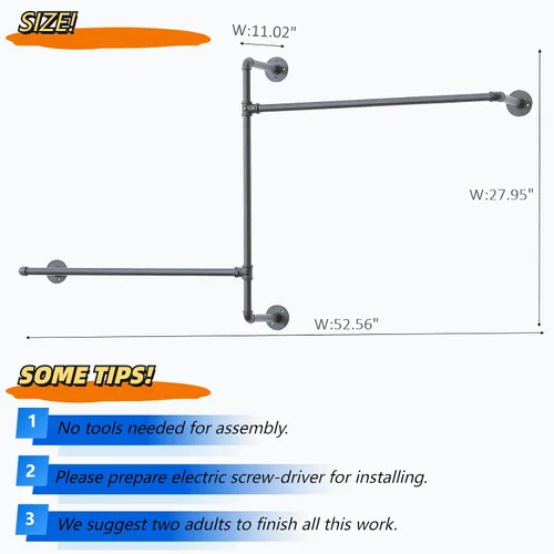 Vista 7 de Perchero industrial para ropa de pared con rieles de ropa de tubería, barras multiusos para colgar ropa resistente, ahorro de espacio, organizador