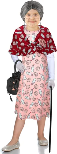 Vista 7 de 20 piezas de disfraz de anciana de Halloween para abuela, peluca de abuelita, vestido de tatuajes antiarrugas con rodillos, gafas de caña y collar