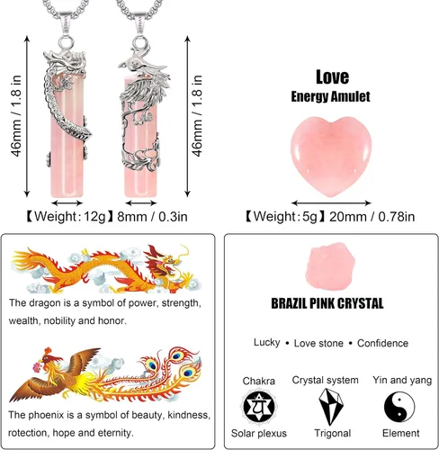 Vista 2 de Collar Yin Yang a juego para pareja de dragón y fénix y piedra semipreciosa con corazón y piedra semipreciosa, cristal curativo natural, regalo