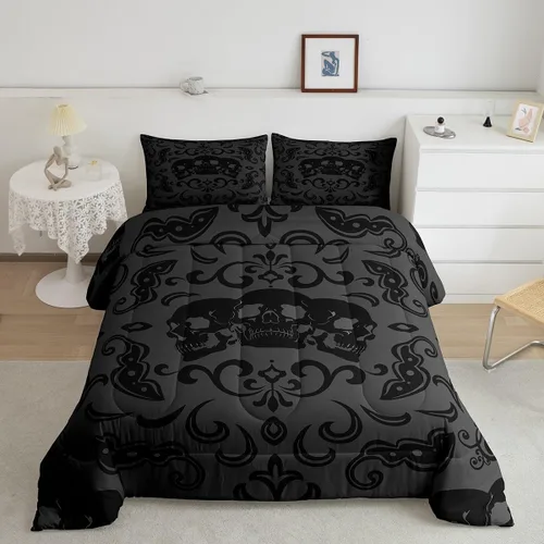 Vista 14 de Erosebridal Juego de edredón de calavera de Halloween, tamaño individual, juego de ropa de cama de calavera gótica para niños, adolescentes