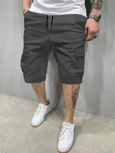 Vista 3 de BUXKR Pantalones cortos para hombre con bolsillos con solapa y cordón de ajuste, pantalones cortos de entrenamiento de algodón con múltiples