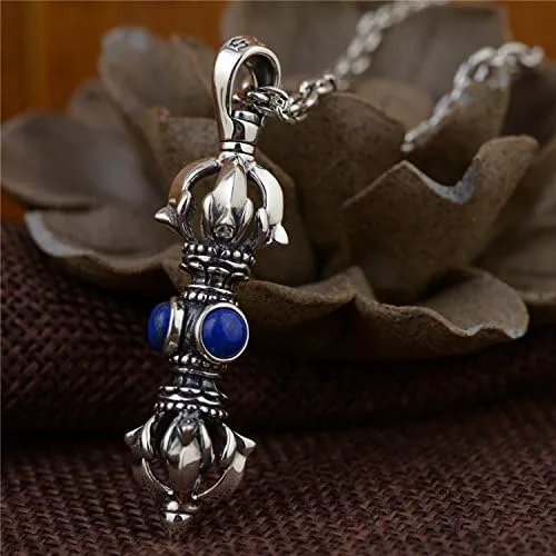 Vista 2 de Colgante vintage de plata de ley 925 budista Vajra Dorje con lapislázuli azul para hombres y mujeres M Metal Piedra