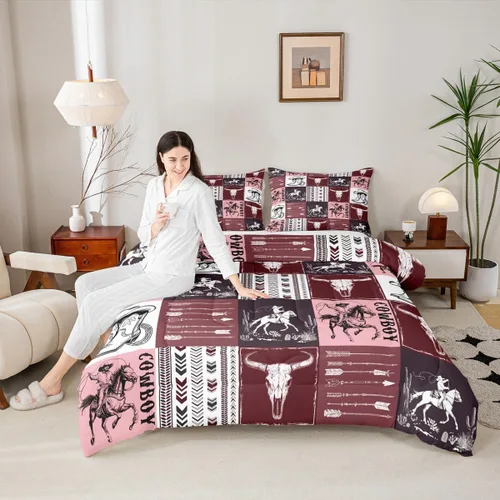 Vista 42 de Manfei Juego de edredón de vaquero occidental tamaño individual, juego de ropa de cama con estampado de calavera de toro, caballo y flecha, 2 piezas