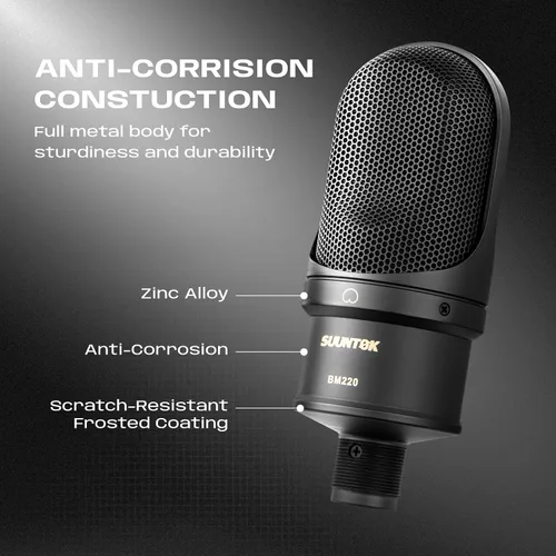 Vista 5 de SUUNTOK Micrófono de condensador XLR, micrófono de grabación con soporte de choque, kit de micrófono de estudio en casa para voz en off Negro