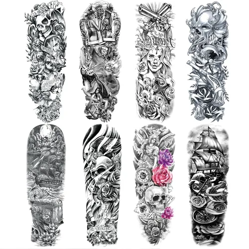 Vista 11 de Adhesivos de manga de tatuajes falsos de lobo león, brazo completo, dragón animal, tribal, mangas temporales de tatuaje para hombres, mujeres
