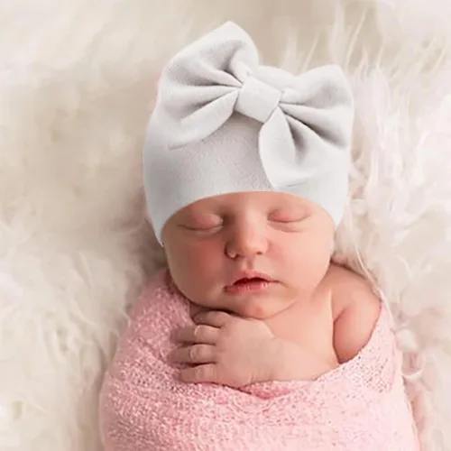 Vista 3 de AQOKKA 4 Pieces Newborn Baby Girls Hats Mittens Set Beanie Infant Bow Hats Hospital Hat Baby Cotton Hats for 0-6 Months