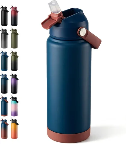 Vista 43 de Fijinhom Botella de agua aislada de 18 onzas con 2 tapas, botellas de agua de acero inoxidable, aspiradora de doble pared, mango portátil y parte