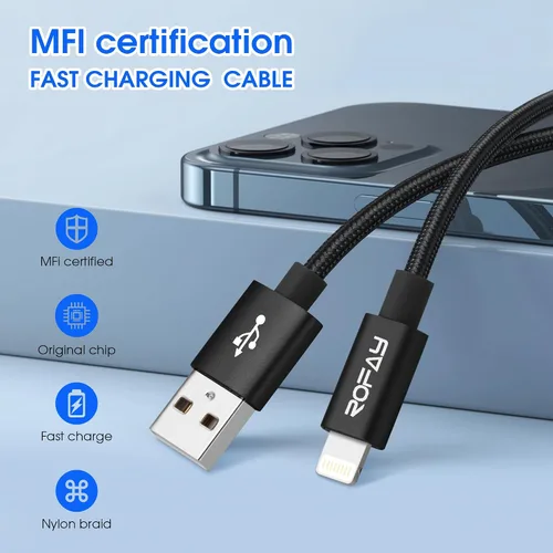 Vista 2 de ROFAY Cable de carga de iPhone de 2 pies [certificado MFI] de nailon trenzado de alta velocidad USB-A a Lightning de 2 pies compatible con iPhone 14