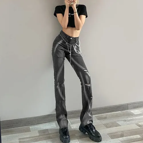 Vista 6 de CYee Jeans holgados rasgados Y2K para mujer, cintura alta, estampado punk, pantalones de hadas, pierna recta, ropa urbana Alt Indie