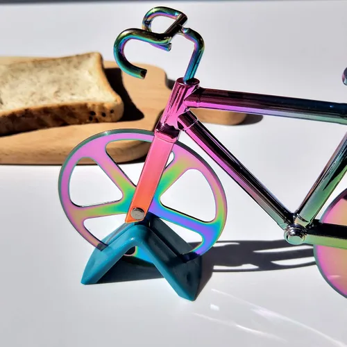 Vista 5 de Partim - Rueda cortadora de pizza con forma de bicicleta, de acero inoxidable, con pala y soporte para pizza, rueda de corte doble antiadherente