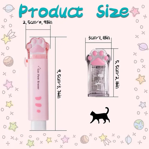 Vista 2 de 2 sacapuntas con diseño de pata de gato y 2 borradores retráctiles, diseño kawaii de gato, sacapuntas manual para niños, borradores estéticos