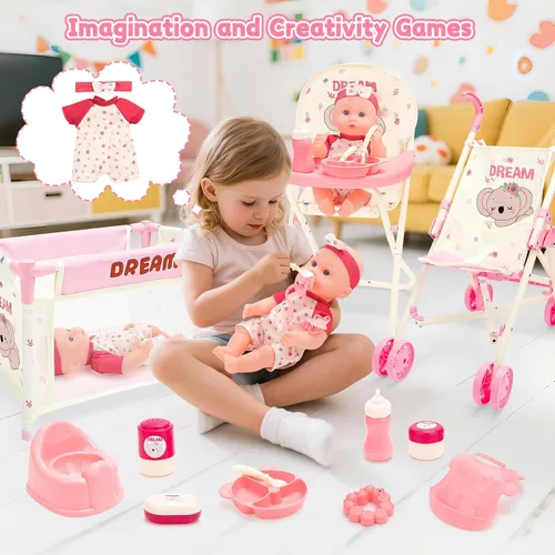 Vista 6 de deAO Juguetes de Cochecito de Muñeca Bebé con Muñeca Bebé de 12" Accesorios Cama de Cuna Silla Alta Conjunto de Juego de Roles de Guardería Tapete