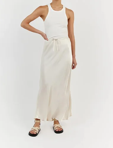 Vista 2 de Meladyan Falda larga larga con cordón para mujer, cintura alta, elástica, acampanada, lisa, ajustada, para salir, casual, midi
